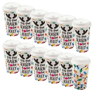16 oz. Bulk 60 Ct. Holiday Lights Insulated Disposable Paper Coffee Cups with Lids