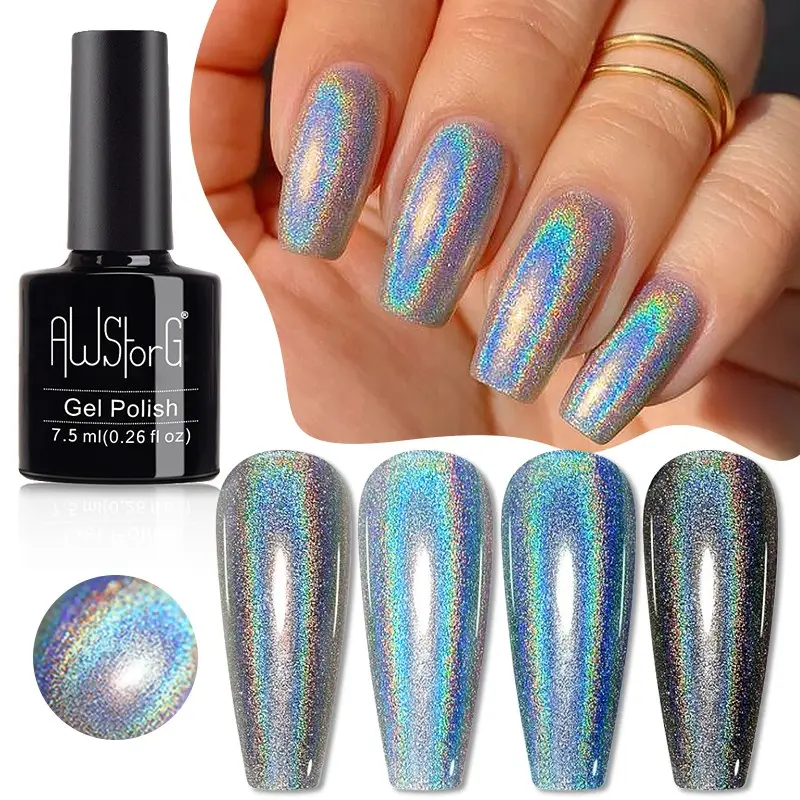 AWStorG 7.5ml Holographic Gel Nail Polish Silvery Blue Glitter Nail Polish Soak Off UV LED Manicure Nail Art Varnish UV LED Gel