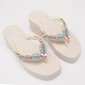 Wedge Heel Flip Flops for Women - Blush Pink Platform Sandals with Crystal Embellishments Stylish Summer Footwear