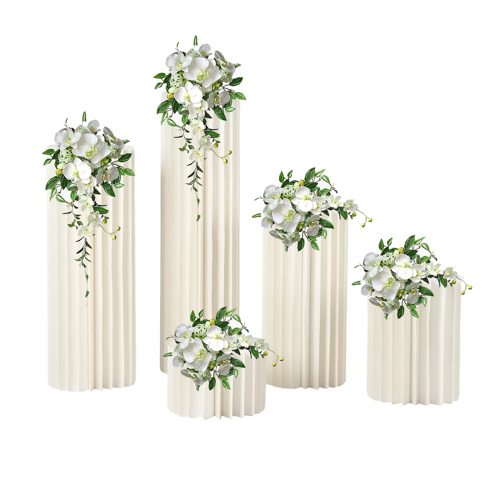 Set of 5 Cardboard Flower Stands Honeycomb Paper Column Vase Holder for Wedding Centerpiece Party Table Decor Different Heights 7 9 to 39 4 Inches PVC Plate 110LBS Load Capacity Reusable Easy Assembly