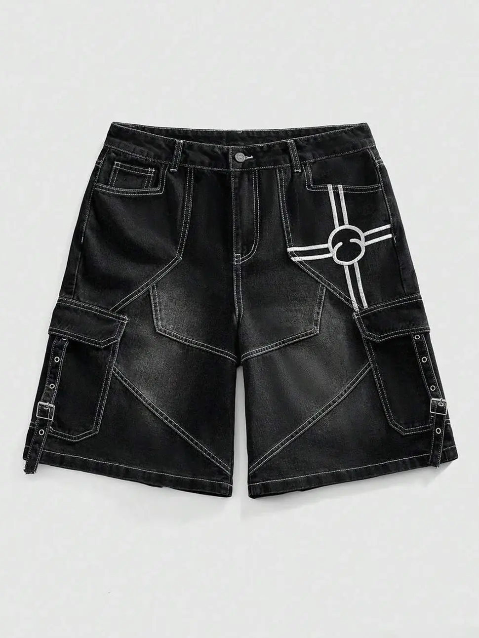 Men shorts - Men's Embroidered Cargo Denim Shorts, Loose Fit Jean Shorts With Pockets, Casual Summer Streetwear summer clothing trending clothing trending clothes men's pants pants for men jeans for men going out outfit streetwear