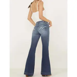 Hip-Lifting Flared Jeans Tummy Control Slim Fit Women's Casual Denim Trousers with Flap Pockets Essential Everyday Outfit Womenswear Bottom Top Pants Blue Fitted Minimalist Streetwear Basic Maxi
