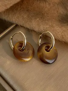 Elegant French Vintage Resin Earrings, Geometric Circle Design, Amber Color, Suitable for Women, Daily Wear, Parties, Vacation