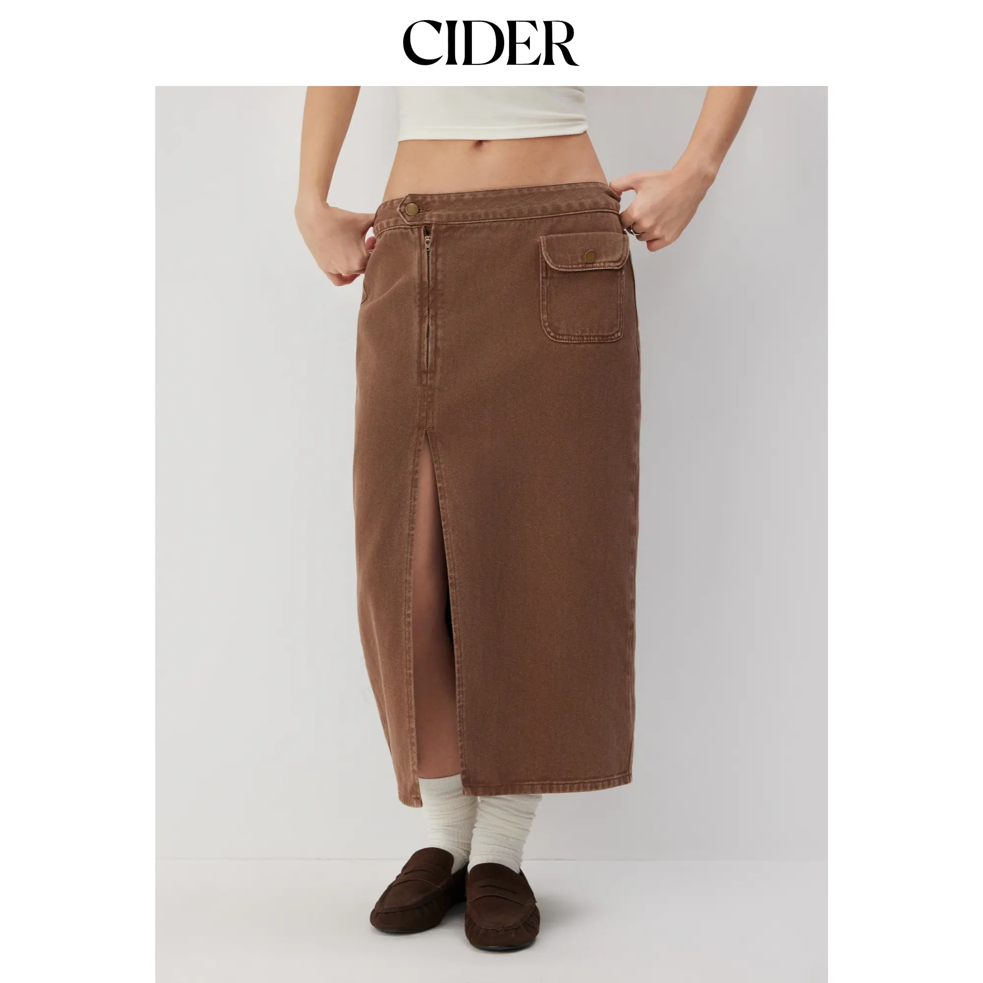 Cider Women's Fitted Washed Denim Low-Rise Split Pencil Maxi Skirt - Minimalist Casual Bottom, Skirts for Women, Denim Skirt