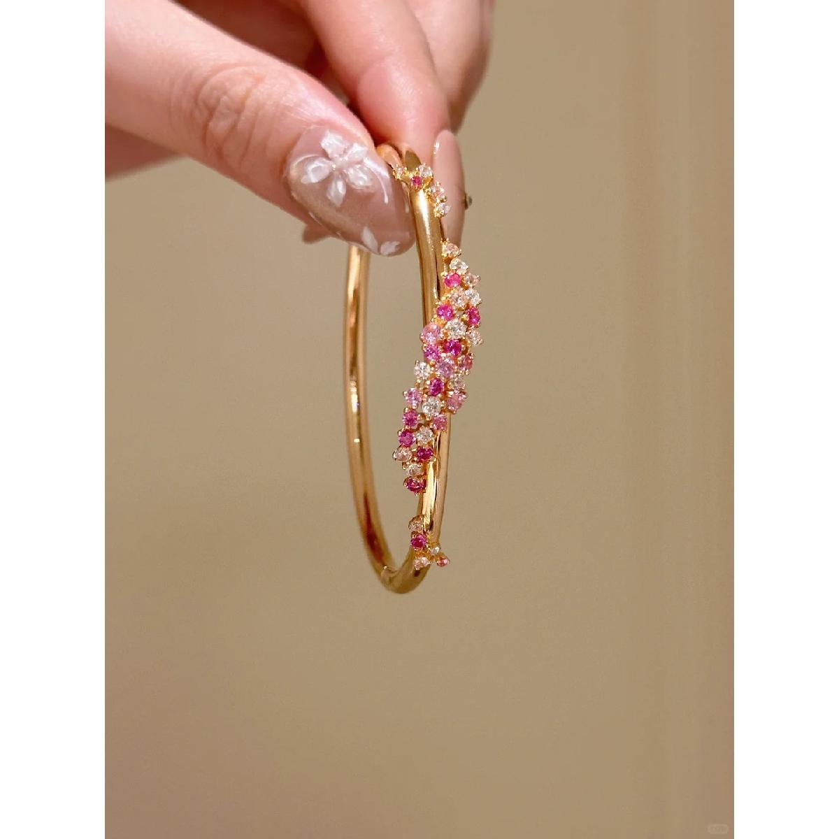 Elegant Pink Cluster Bangle Bracelet for Women, Dainty Sparkly Floral Wrist Cuff, Luxury Inspired Everyday Wear Jewelry, Trendy Bridesmaid Gift, Formal & Casual Outfit Accessory, Timeless Design Stackable Bangle, Perfect Gift for Birthday/Anniversary