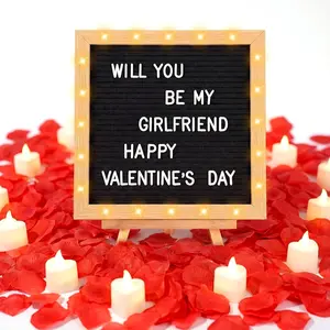 Will You Be My Girlfriend Romantic Sign with LED Candles and Artificial Rose Petals, 10 x 10 Inch DIY Felt Letter Wood Board Sign with Lights for Valentine's Day Anniversaries Party Decor