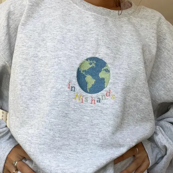 Embroidered In His Hands Sweatshirt, Christian Earth Crewneck, Faith-Based Inspirational Sweater, Gift for Sunday School Teachers or Church Members