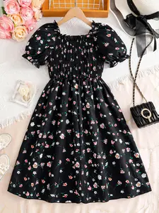 Girls Floral Pattern Bubble Sleeve Knee Length Dress, High Waist Elastic Waist Ruffle Hem, Loose Fit Cute Summer Party, Casual Daily Wear, Perfect Gift Idea