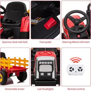 【Christmas Gift】Red 12V Kids Electric Tractor With Trailer Remote Control 7 LED Lights MP3 Player And EVA Tires Red