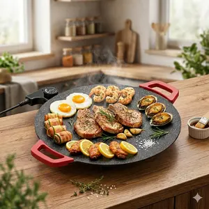 TANLOOK Electric Griddle Nonstick Round Plate for Steaks Pancakes & BBQ Smokeless Indoor Cooking Compact & Versatile with Adjustable Temperature Control portable korean bbq grill