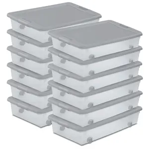 Sterilite 56Qt Wheeled Under Bed Storage Container, Plastic Bin, Silver, 12 Pack