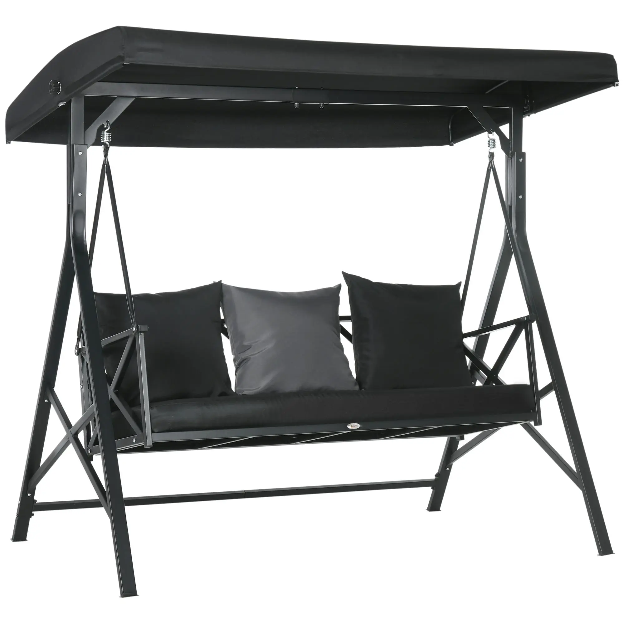 Outsunny 3-Seat Metal Powder-Coated Canopy Swing - Outdoor Hanging Chair for Adults, Porch Glider with Adjustable Canopy, Seat Cushion, 3 Throw Pillows, Base, Patio Outdoor Furniture for Porch, Garden, Steel & Poly