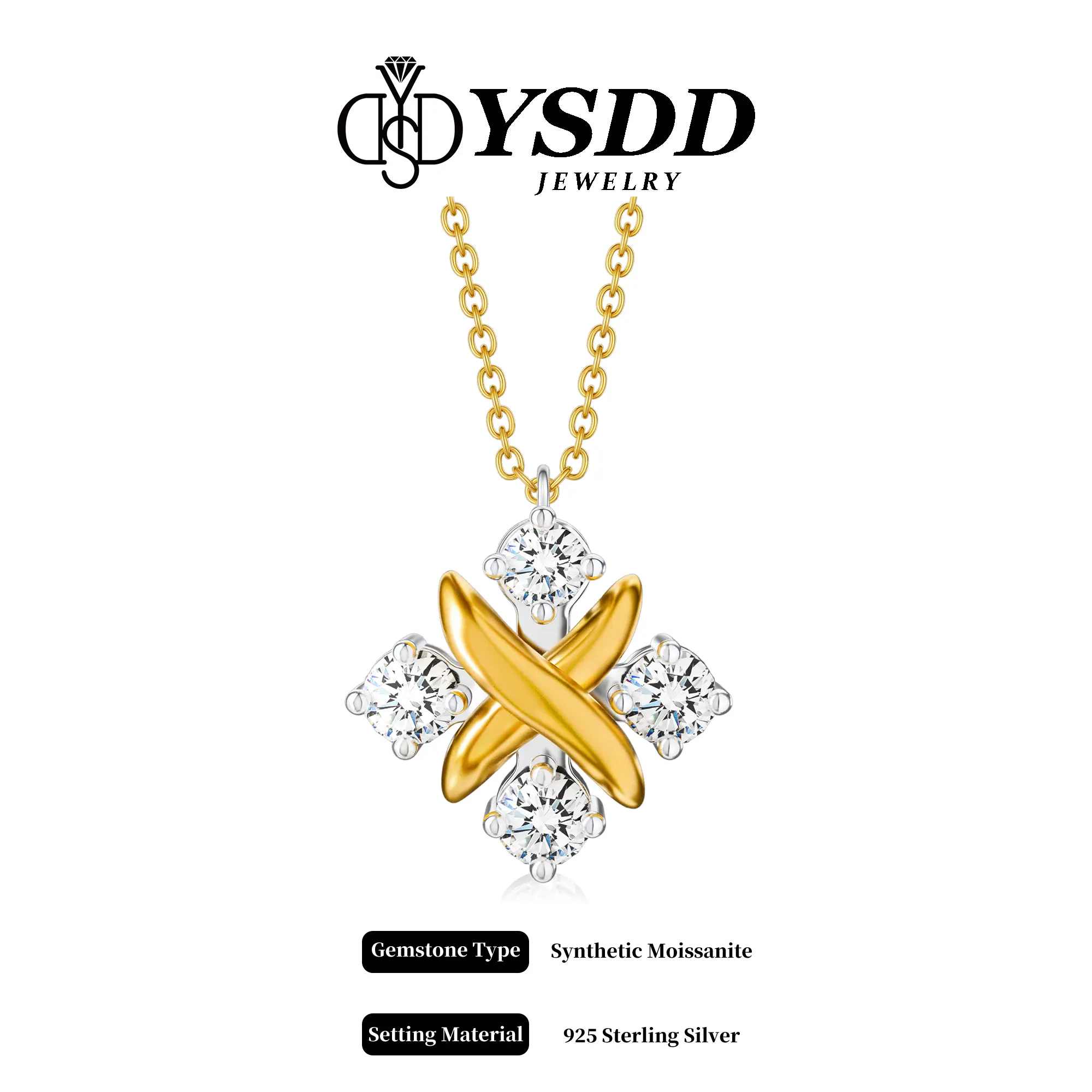 【#472 Herringbone】1.2CT Classy Four-stone Necklace vvs Synthetic Moissanite Necklace in 925 Sterling Silver Wings Cross Pendant Classic Cross Pendant