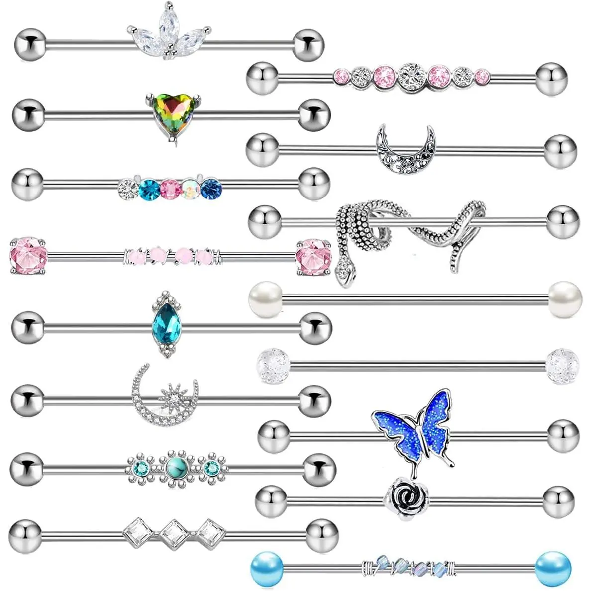 16-Piece Industrial Piercing Barbell Set, 14G 38mm Surgical Stainless Steel Cartilage Jewellery for Women & Men with Dangle Snake Chains