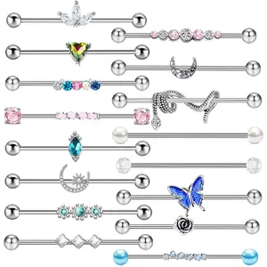 7-16pcs 14G Stainless Steel Industrial Piercing Barbell Earring Cartilage Body Jewelry 38mm 1&1/2 Inch Industrial Piercing Bar for Women Men Snake Chain Dangle