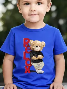 Boys' Summer Breathable & Comfortable "Little Bear" Cartoon Print (3-12Y) Casual Sports T-Shirt