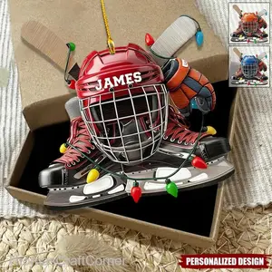 Personalized Hockey Custom Name Helmet and Skates Christmas Ornament, Sports Holiday Keepsake Gift for Hockey Player, 2D Flat