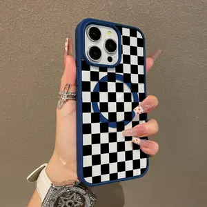 [LX]Black Checkerboard Pattern Premium Magnetic Phone Cases For IPhone 17 16 15 14 Pro Max 13 12 11 Plus Smartphone Shockproof Protection Acrylic Cover Cellphone Protective Magsafe Magnetic Case Aesthetic Resistance Casing Protector