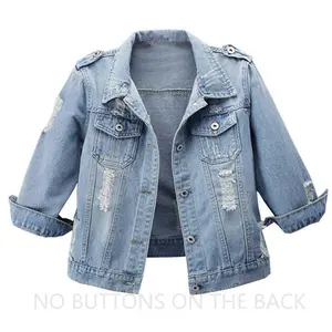 Womens 3/4 Sleeve Washed Denim Jackets Distressed Light Cropped Jean Jackets Coats Casual Womenswear