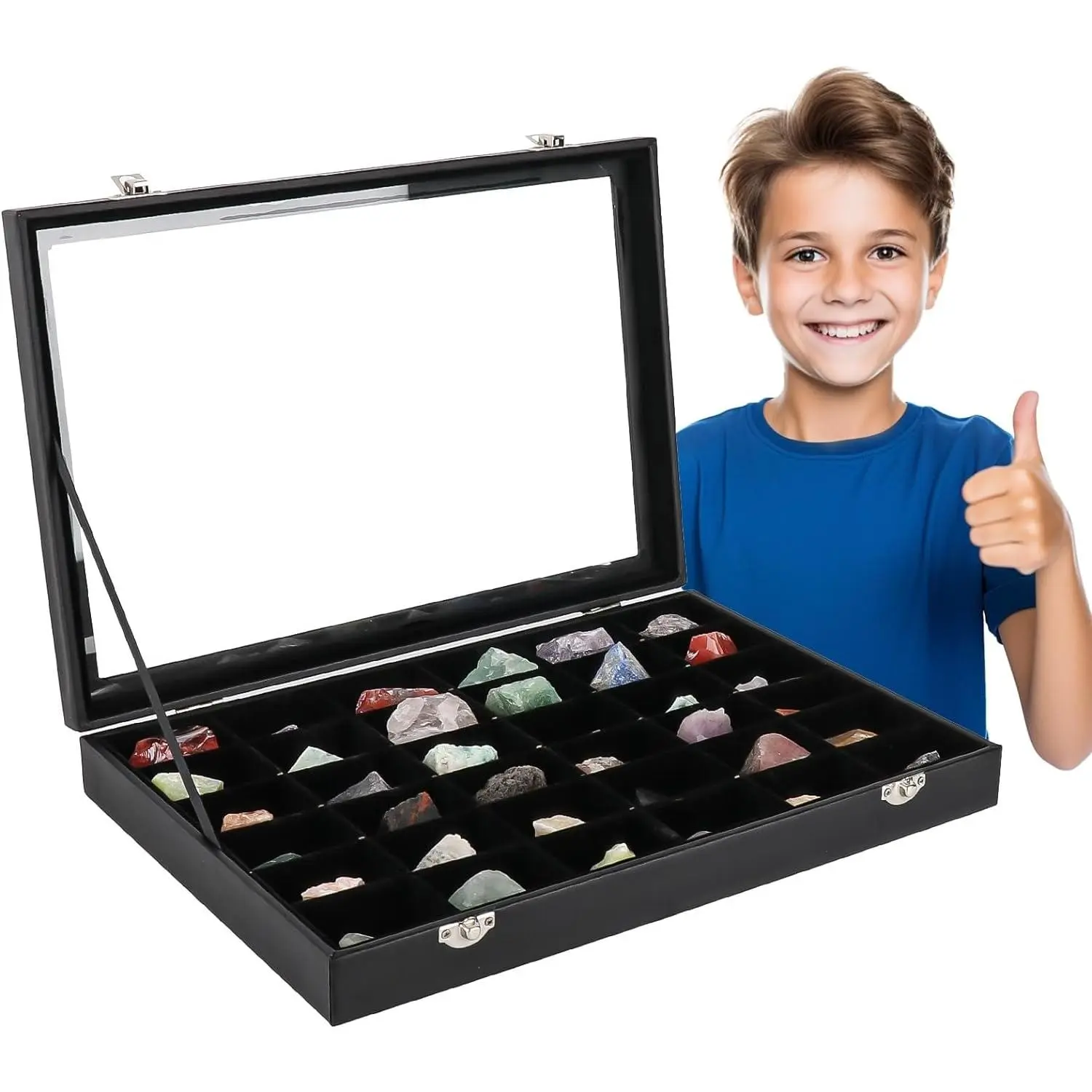 Kids Rock Collections PU Leather Shadow Box - 36-Grid Adjustable Transparent Organiser, Home Storage & Display Case, Ideal Collectibles Gift for Decoration