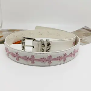 Retro Unisex Belt with Vine Roller - Stylish Literary Youth Accessory in White PU Leather with Engraved Vine Pattern Buckle for Men & Women "