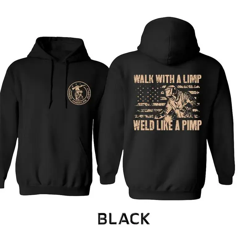 Unisex Welder Graphic Hoodie, Casual Sporty Pullover Sweatshirt for Menswear, Soft Breathable 100% Cotton Tops with Double-Sided American Flag Print, Knitted, Long Sleeve, True Size, All-Seasons, 3Xl, Cold Wash, Hang Dry