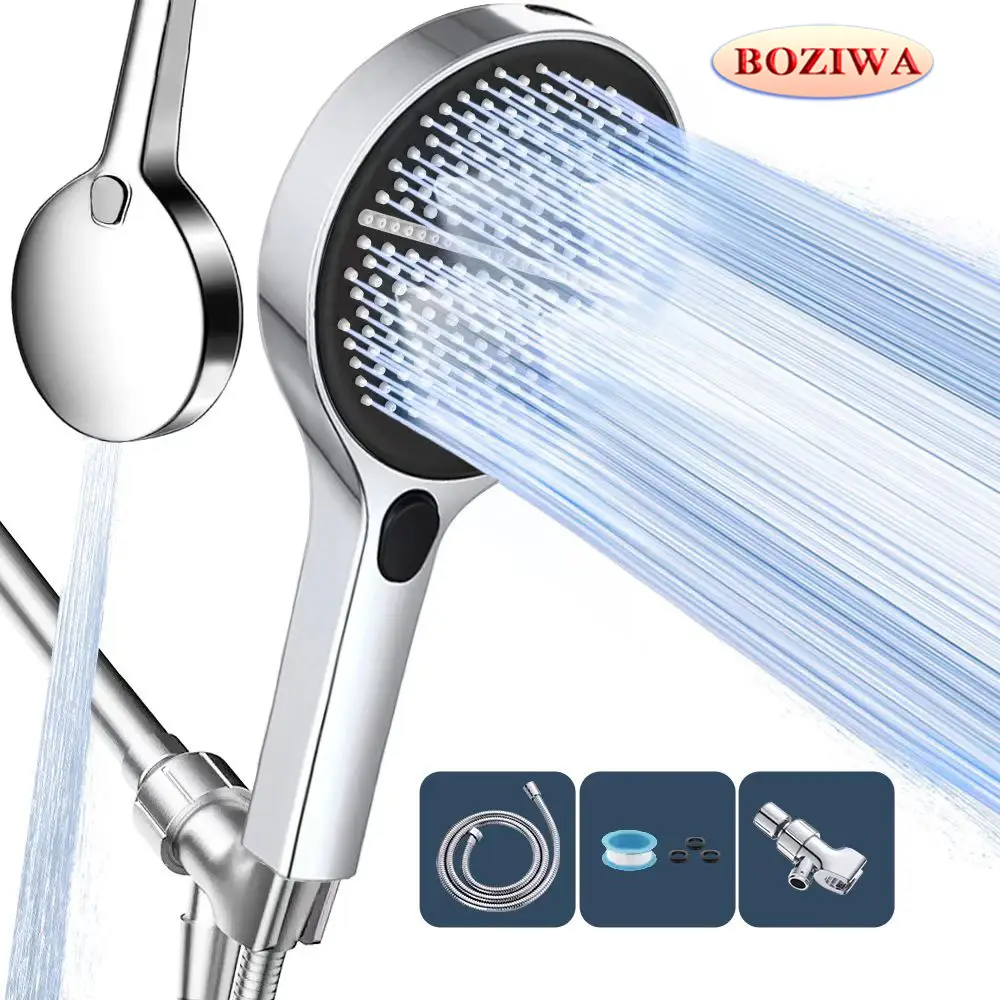 5.9-inch large panel handheld showerhead with four spray modes: Rainfall, Mist, Pulse, and Jet. Easy to install, comes with a 59-inch stainless steel