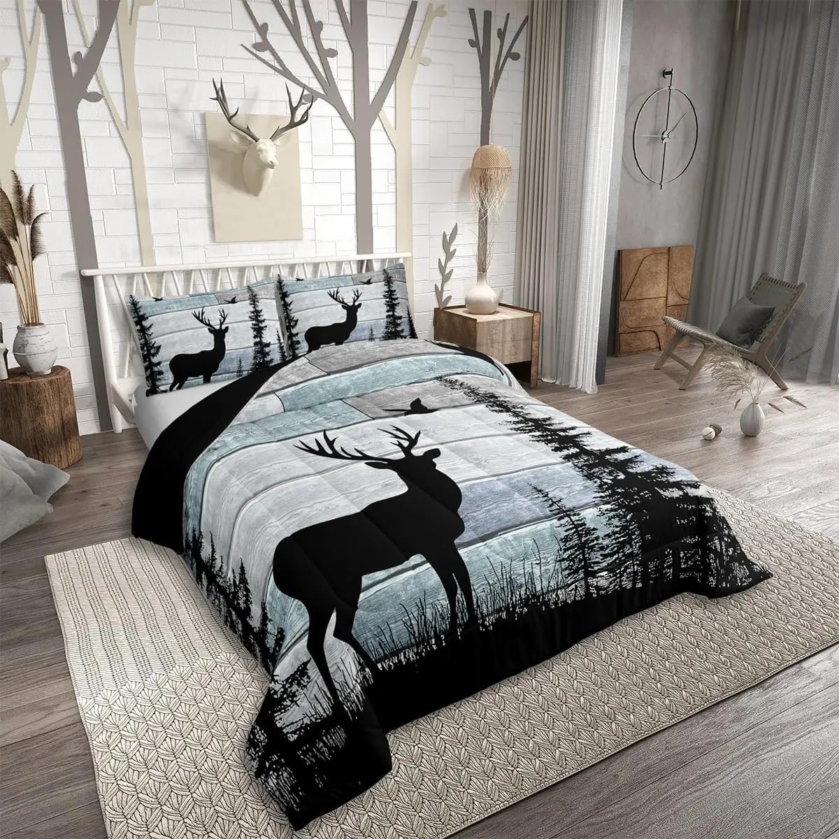 Feelyou Rustic Deer Quilt Bedding Duvet Set - Western Farmhouse Cabin Lodge Style, Woodland Animal Themed for Men, Textile Bedding Linens Set, Quilt Bedding Set