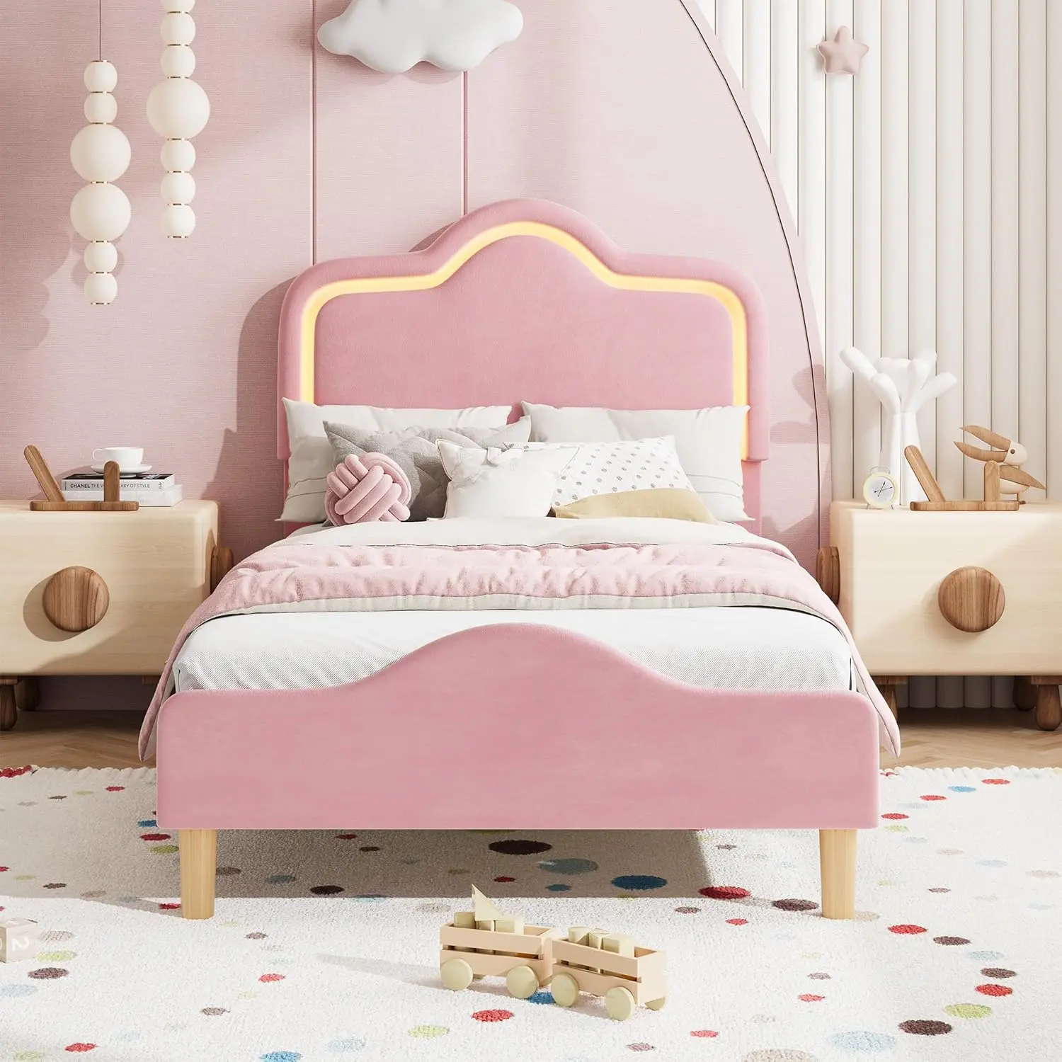 Garvee Soft LED Upholstered Bed Frame, Adjustable Headboard and Footboard, Wooden Slats Support, Easy Assembly, No Box Spring Required