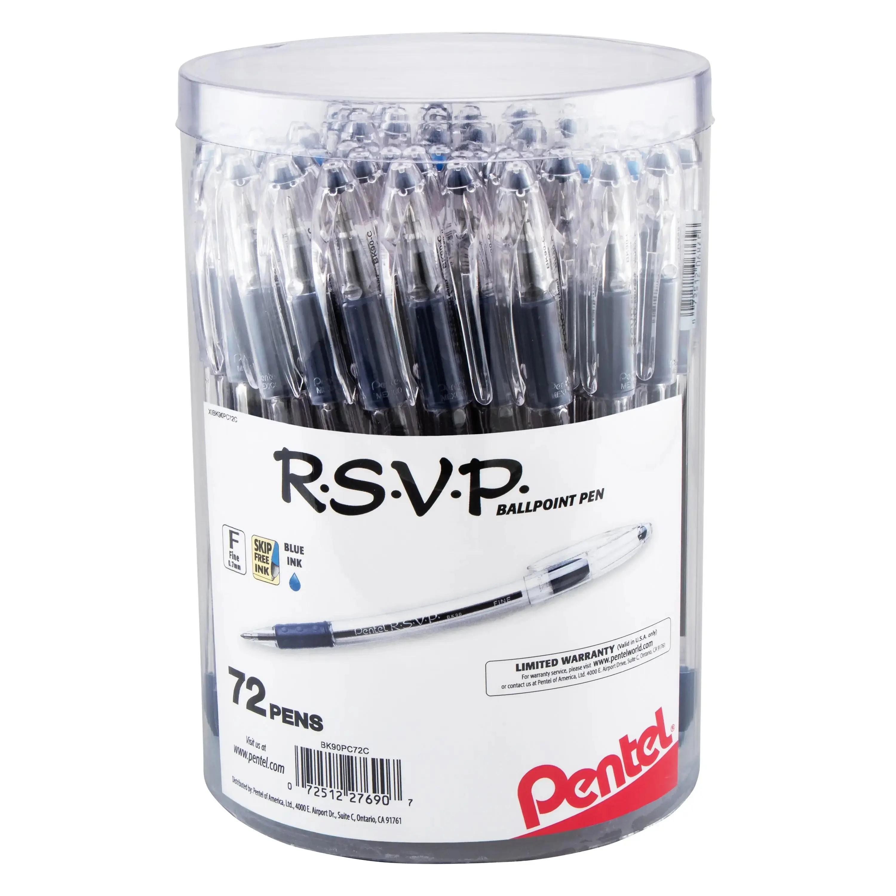 Pentel RSVP Ballpoint Pen - 0.7mm Fine Line, 1.0mm Medium, Steel Tip, Smooth Write, Eco-Refillable, 72-Pk Canister Pack for Office & School Use, Assortment Pack, Capped Pen