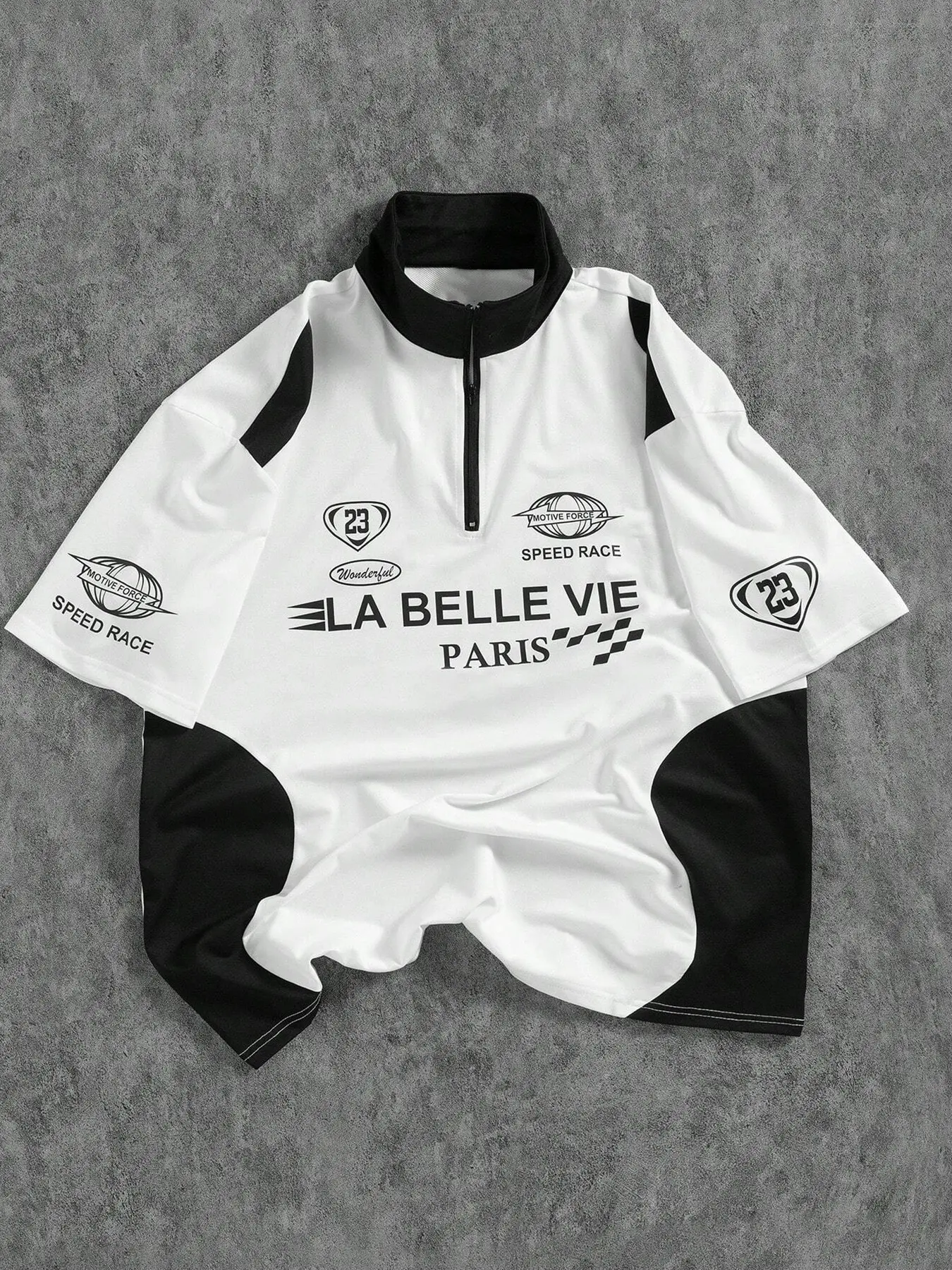 Men's Racing Theme Polo Shirt, Colorblock, La Belle Vie Paris Print, Half-Zip Neck, Casual Street Fashion