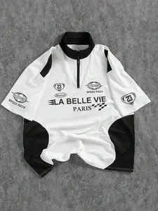 Men's Racing Theme Polo Shirt, Colorblock, La Belle Vie Paris Print, Half-Zip Neck, Casual Street Fashion