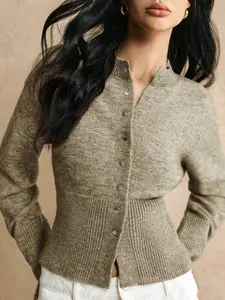 Elegant Slim-Fit Button-Front Cardigan, Fashionable Casual Waist-Centric Knitwear for Fall & Winter Seasons