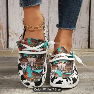 Women's Cow Pattern Canvas Shoes, Casual Lace Up Low Top Shoes, Lightweight Outdoor Sneakers