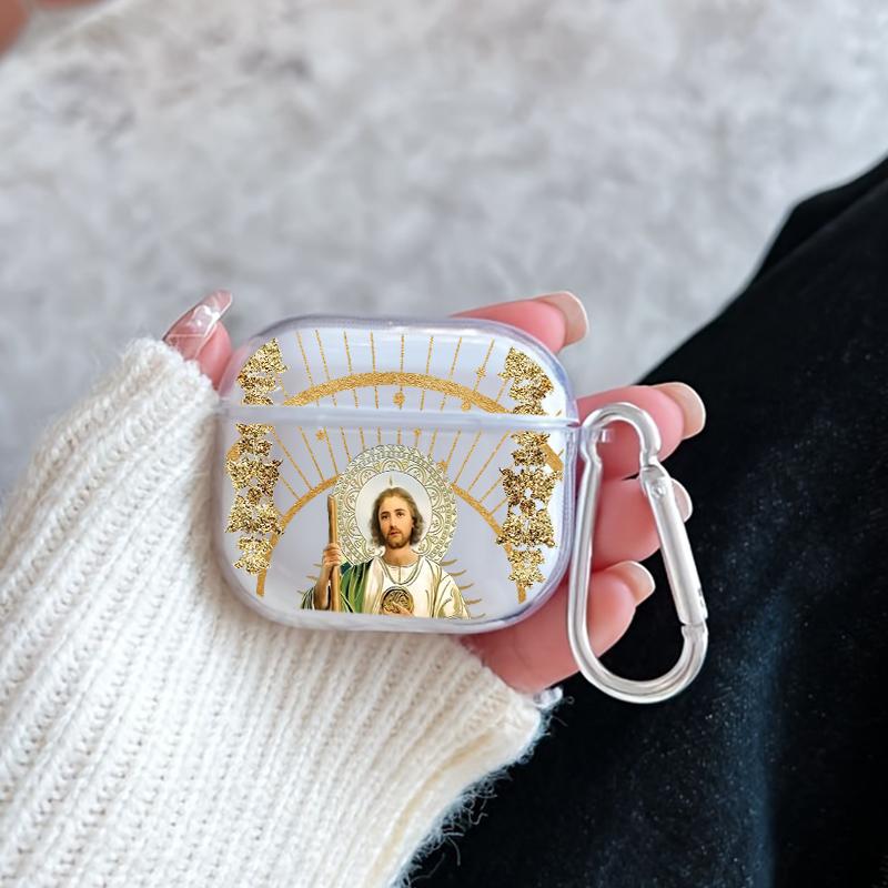 Divine Saintly Radiance Pattern Protective Case for AirPods 4/3/2/1/Pro/Pro2 Soft TPU Earphone Cover, Transparent with Keychain