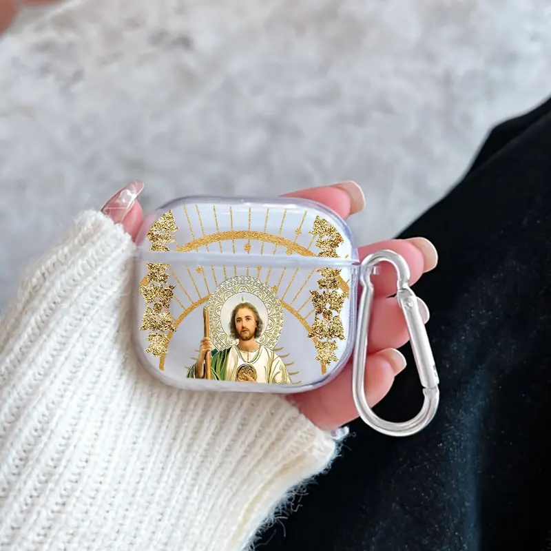 Divine Saintly Radiance Pattern Protective Case for AirPods 4/3/2/1/Pro/Pro2 Soft TPU Earphone Cover, Transparent with Keychain