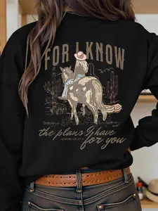 Women's Casual Style Half-Zip Sweatshirt Top, Desert Knight Graphic Print, Loose Fit Long Sleeve, Fall & Winter Fashion, Perfect for Leisure Wear, Womenswear