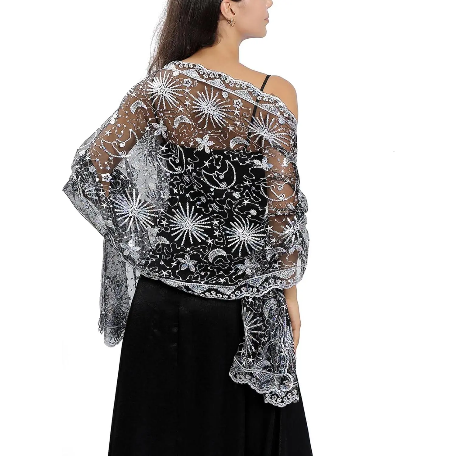 Sequin Stars Moons Shawls and Wraps for Evening Dresses,Women sparkly Sheer  Mesh Wedding Shawls for Evening Party