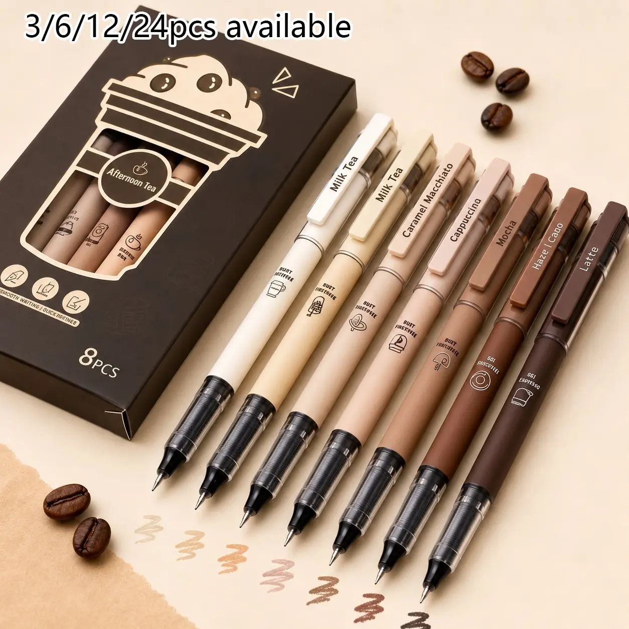 3/6/12/24Pcs Rolling Ball Pens Cute Coffee Liquid Ink Rollerball Pens Cartoon 0.5 mm Black Ink Pen Quick Drying Smooth Writing Pen Office School Supplies Office Stationery Set Pen Kit
