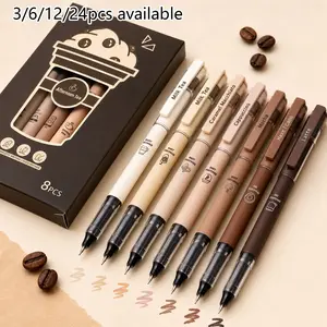 3/6/12/24Pcs Rolling Ball Pens Cute Coffee Liquid Ink Rollerball Pens Cartoon 0.5 mm Black Ink Pen Quick Drying Smooth Writing Pen Office School Supplies Office Stationery Set