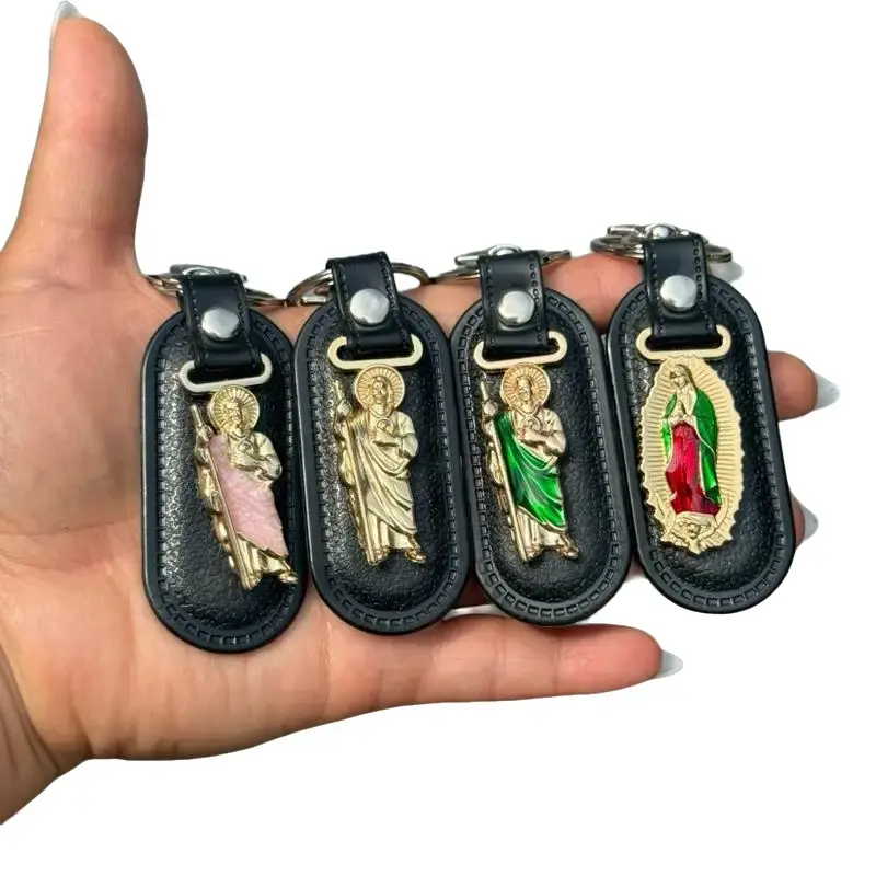 San Judas Tadeo / Virgencita Stainless Steel and Leather Keychain keychains collectible keychains