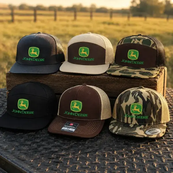 John Deere Trucker Hat, Embroidered Deer Logo Snapback Cap, Mesh Back Flat Bill Farm Hat, Adjustable Country Outdoor Cap for Men & Women