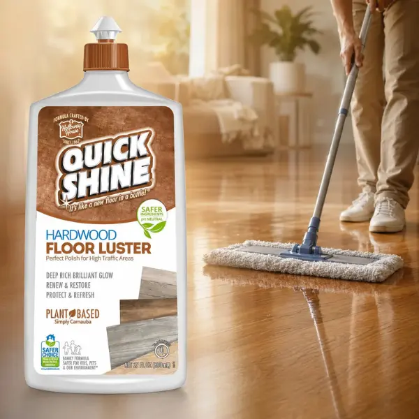 Quick Shine 27 oz. Hardwood Luster Floor Polish,wood floors,high traffic,carnauba wax,deep glow,restore color,restore beauty,protective layer,scratch resistant,micro-scratch fill,leveling agents,EPA Safer Choice,pH neutral,PFAS free,500 sq ft,damp mopping