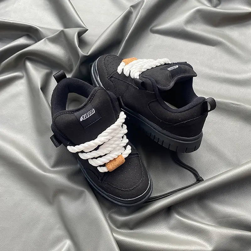 Men's Black Thick Sole Sneakers, Fashionable Canvas Skater Style Shoes with Chunky White Rope Laces and a Roomy Wide Fit for Streetwear, Fashionable Casual Sneakers, Slip Resistant Sneakers