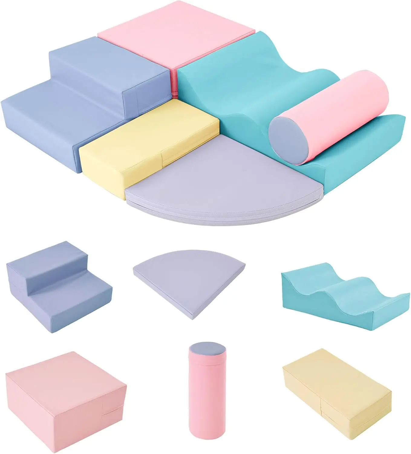 Toddlers' 6-Piece Waterproof PU Foam Climb and Crawl Playset - 0-3 Years Indoor Non-Slip Super Soft Pastels Wave-Shape Rectangle Step Blocks, Easy-to-Clean Climbing Toys