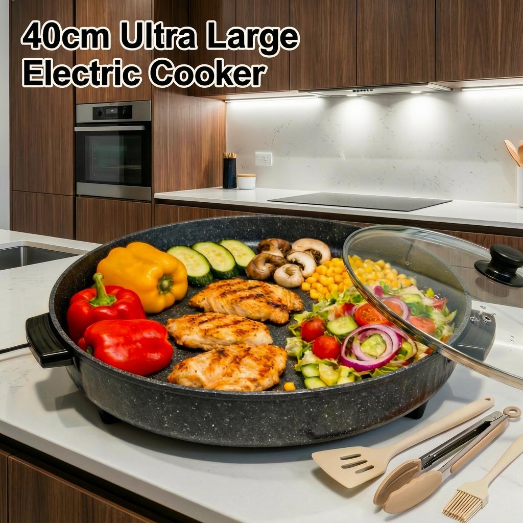 PRTYY Multifunctional Cooker, 40cm Round Electric Skillet with Frying Pan Function, 4cm Deep Non-Stick Surface, 5-Level Temp Control, Glass Lid, Fry Roast Simmer Capabilities, Ideal for Family Meals