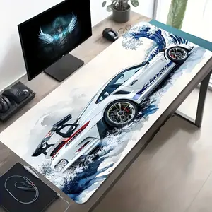 High Quality A Large Gaming Mouse Pad Featuring A White Sports Car And Wave Design, With A Non-Slip, Washable Rubber Base. This Oversized Desk Mat Is Perfect For Office Additions, Computer Decor