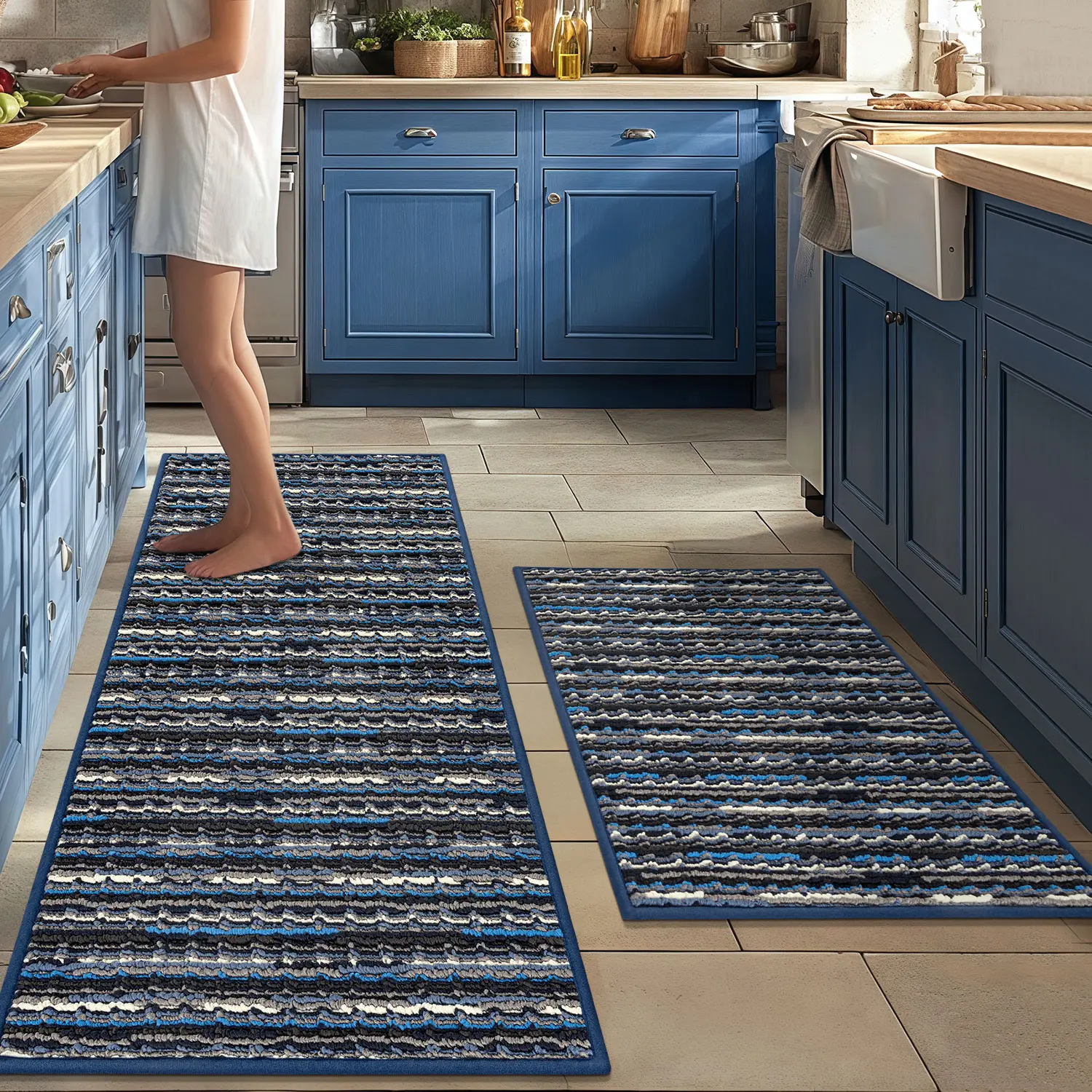 Hicorfe 2-Piece Striped Washable Kitchen Rugs Set - Thick, Stain-Resistant, Non-Slip, Wrinkle-Resistant, Anti-Shrink Flat Weave Vintage Runner for Entryway, Bedroom | Pet-Friendly Home Decor