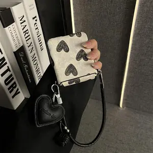 Cute Black Love Case with Heart Pendant Leather Strap for Samsung Galaxy Zflip7 6 Xiaomi MixFlip2 Motorola Razr 70Ultra 60 Cover