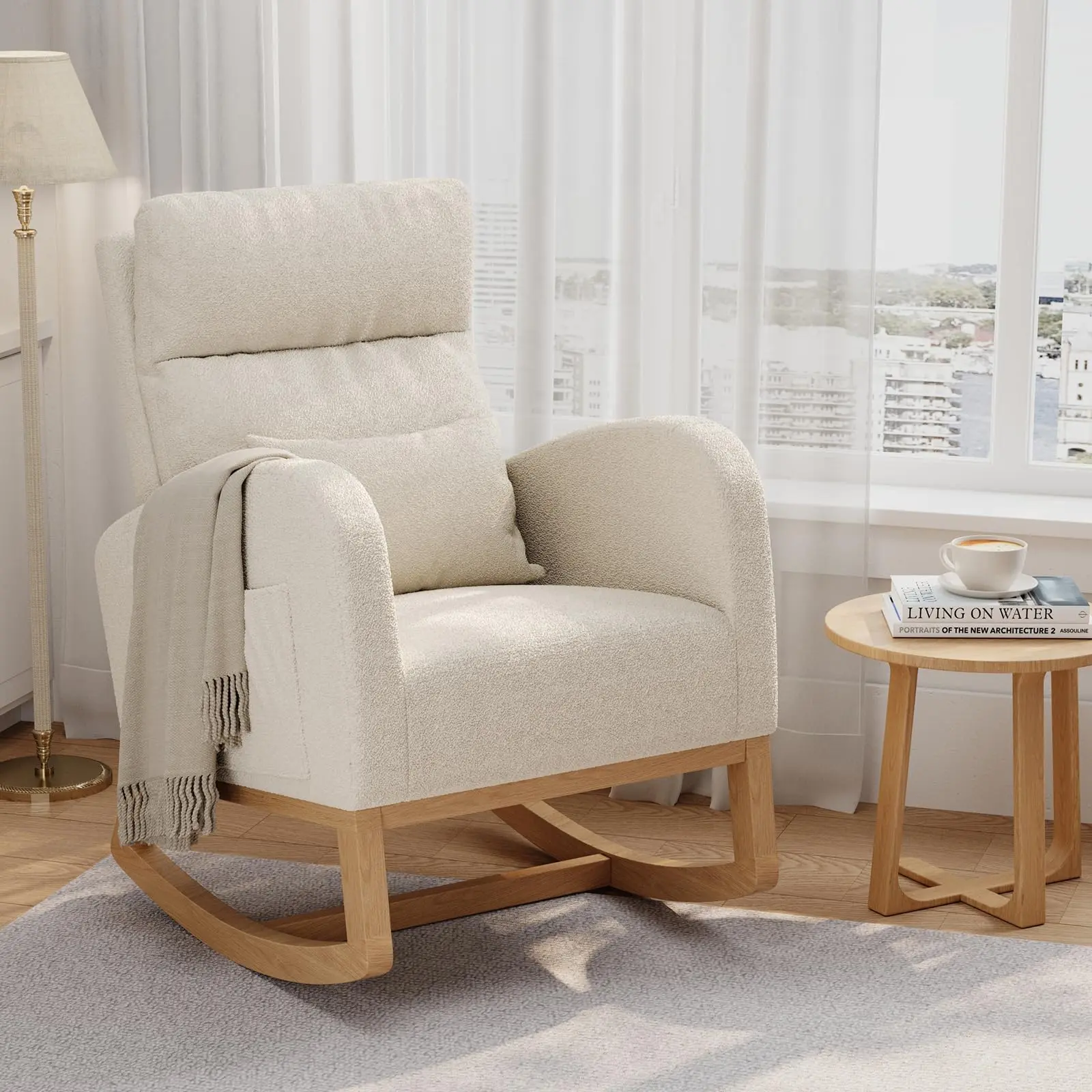 Rocking Chair - Modern Soft Comfortable Accent Armchair with Pillow & Side Pockets - Living Room, Bedroom or Nursing Room - White/Pink/Grey Lamb Fleece With/Without Footrest
